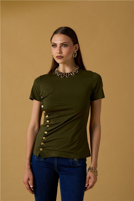 Nosecrets Camiseta verde militar con botonadura fruncida