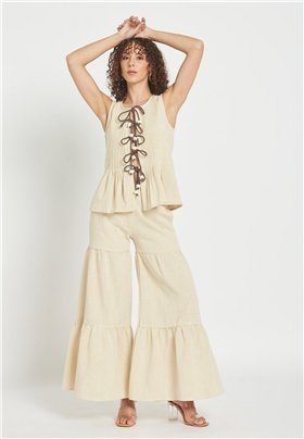 Be Sunset Pantalones Luz de lino con volantes y detalle lurex