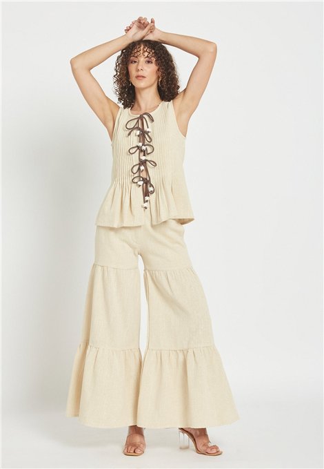 Be Sunset Pantalones Luz de lino con volantes y detalle lurex