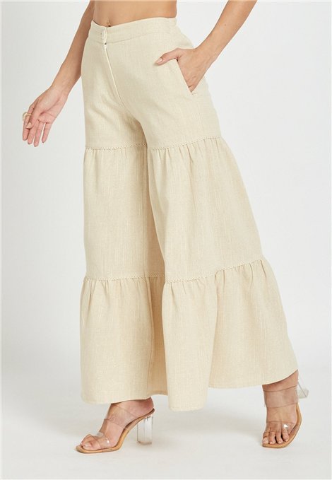 Be Sunset Pantalones Luz de lino con volantes y detalle lurex