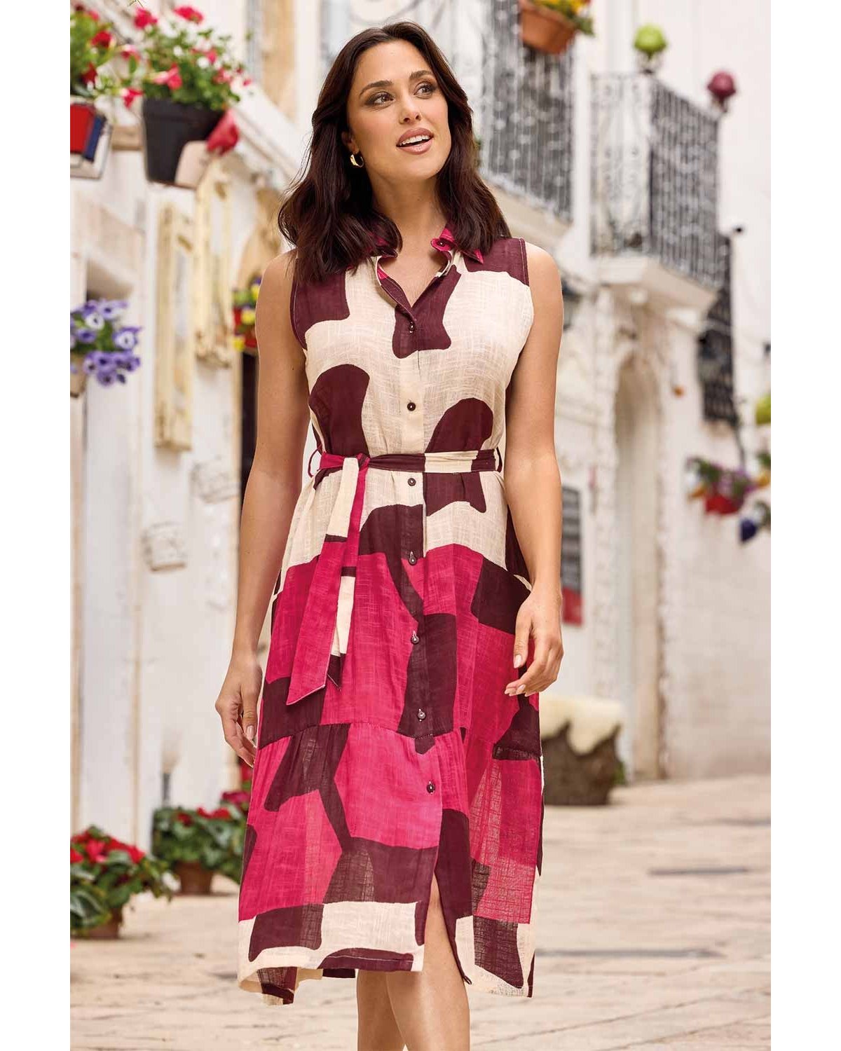 DAVID Vestido midi sin mangas tricolor