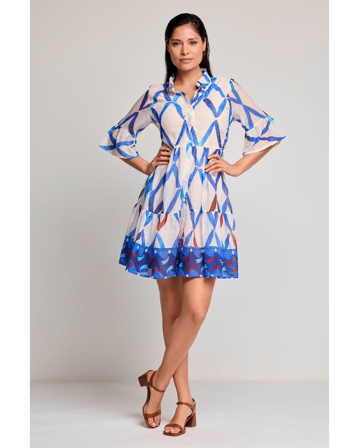 DAVID Vestido camisero azul de manga francesa