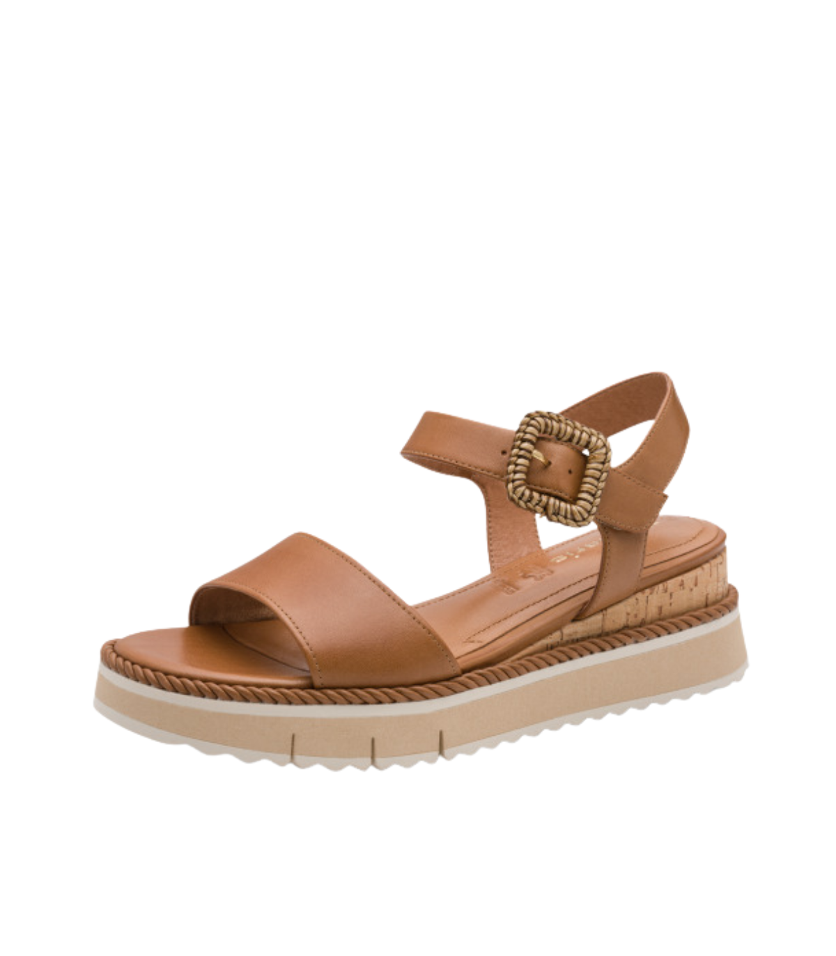 Tamaris Sandalia de piel camel con detalle trenzado