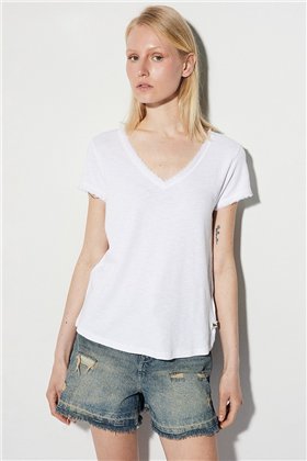 BSB Camiseta blanca cuello V desflecada