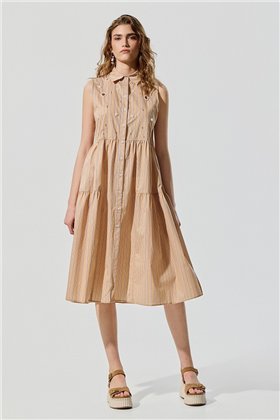 BSB Vestido cuello clásico de rayas y pedrería