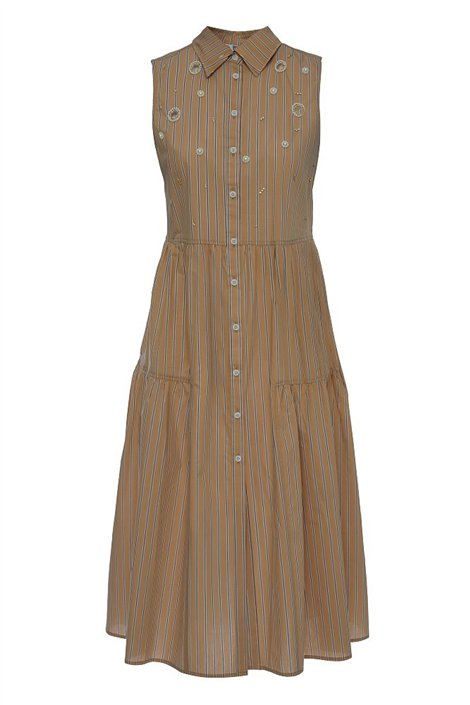 BSB Vestido cuello clásico de rayas y pedrería