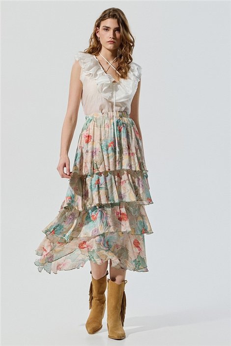 BSB Falda midi estampada con volantes