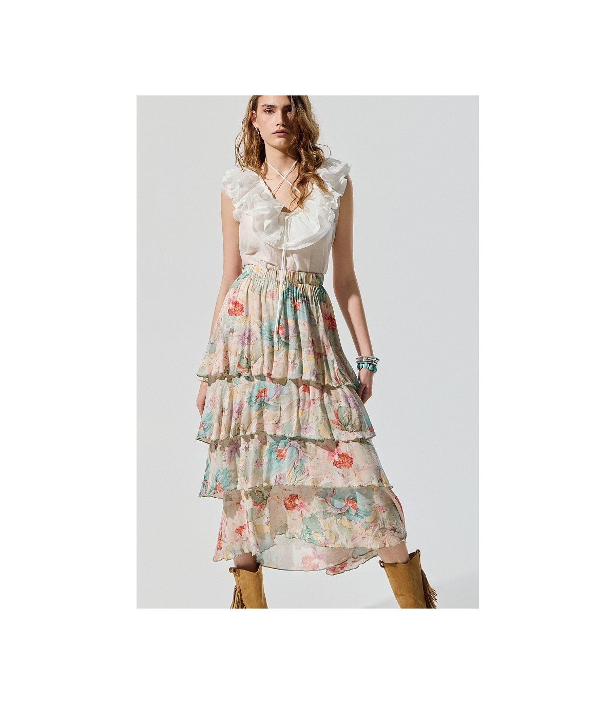 BSB Falda midi estampada con volantes