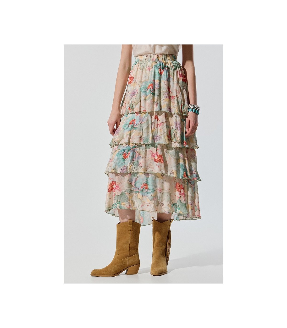 BSB Falda midi estampada con volantes