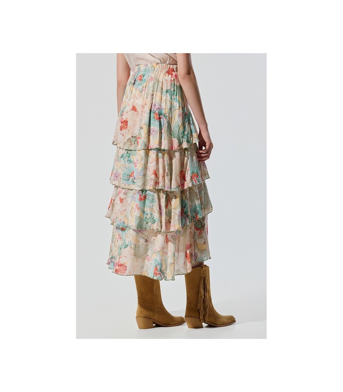 BSB Falda midi estampada con volantes