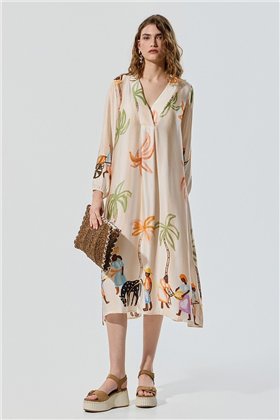 BSB Vestido satinado cuello V con palmeras