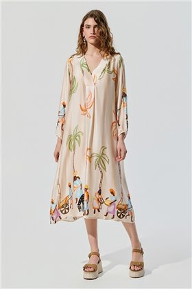 BSB Vestido satinado cuello V con palmeras