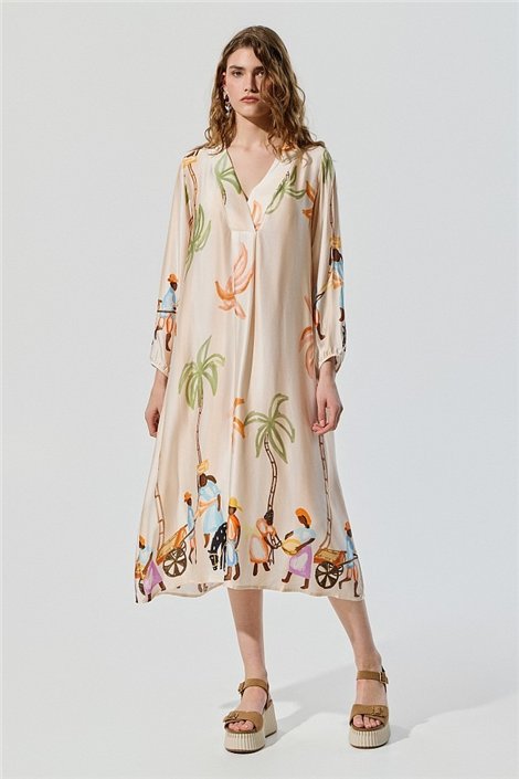 BSB Vestido satinado cuello V con palmeras