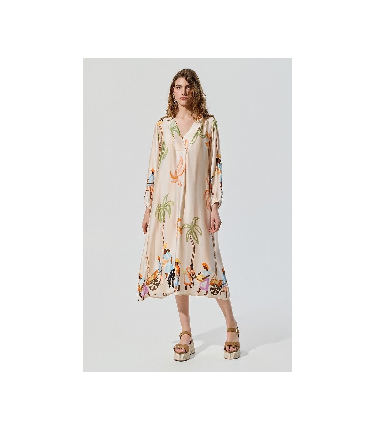 BSB Vestido satinado cuello V con palmeras