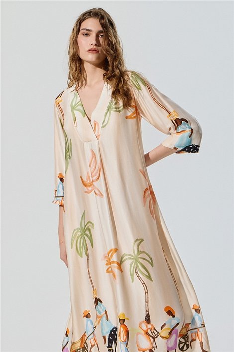 BSB Vestido satinado cuello V con palmeras