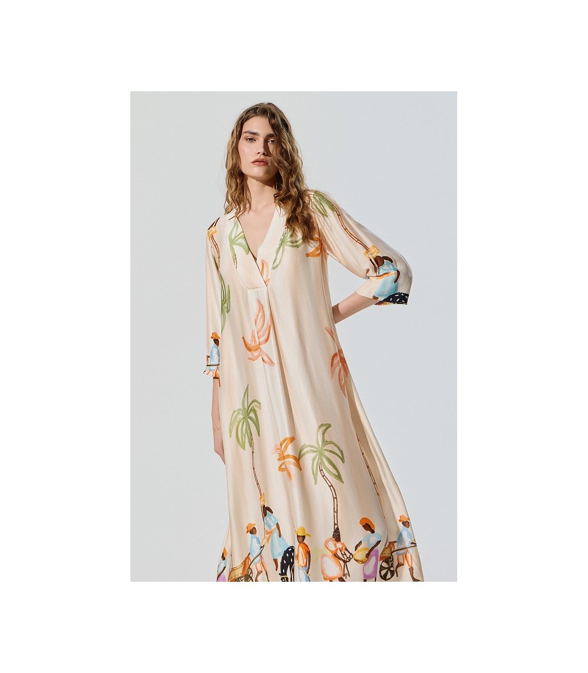 BSB Vestido satinado cuello V con palmeras