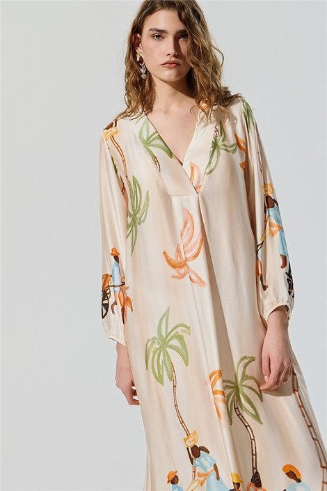 BSB Vestido satinado cuello V con palmeras