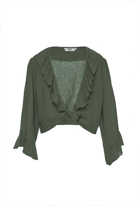 BSB Blusa de lino envolvente con lazada y volantes