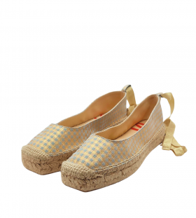 Vosso Moda Cuña baja en tejido dorado y vichy azul