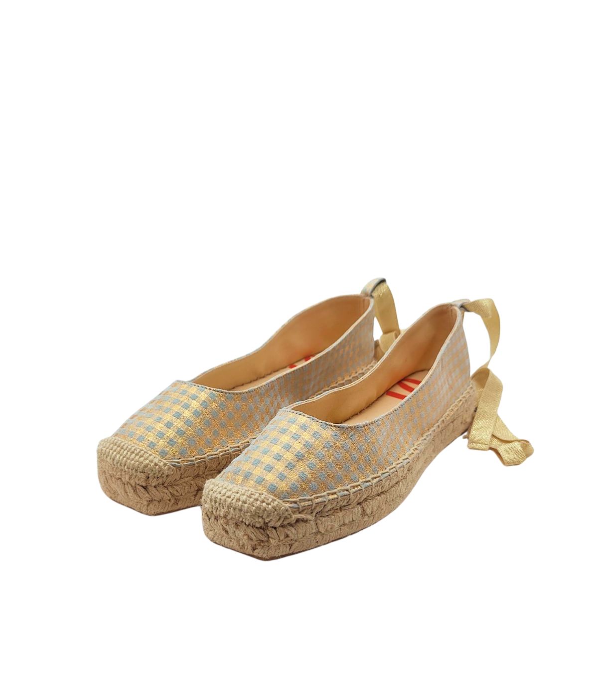 Vosso Moda Cuña baja en tejido dorado y vichy azul