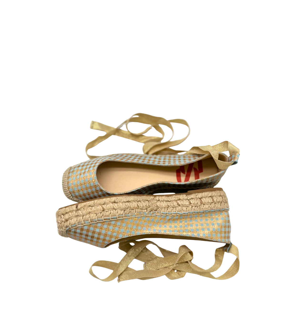 Vosso Moda Cuña baja en tejido dorado y vichy azul