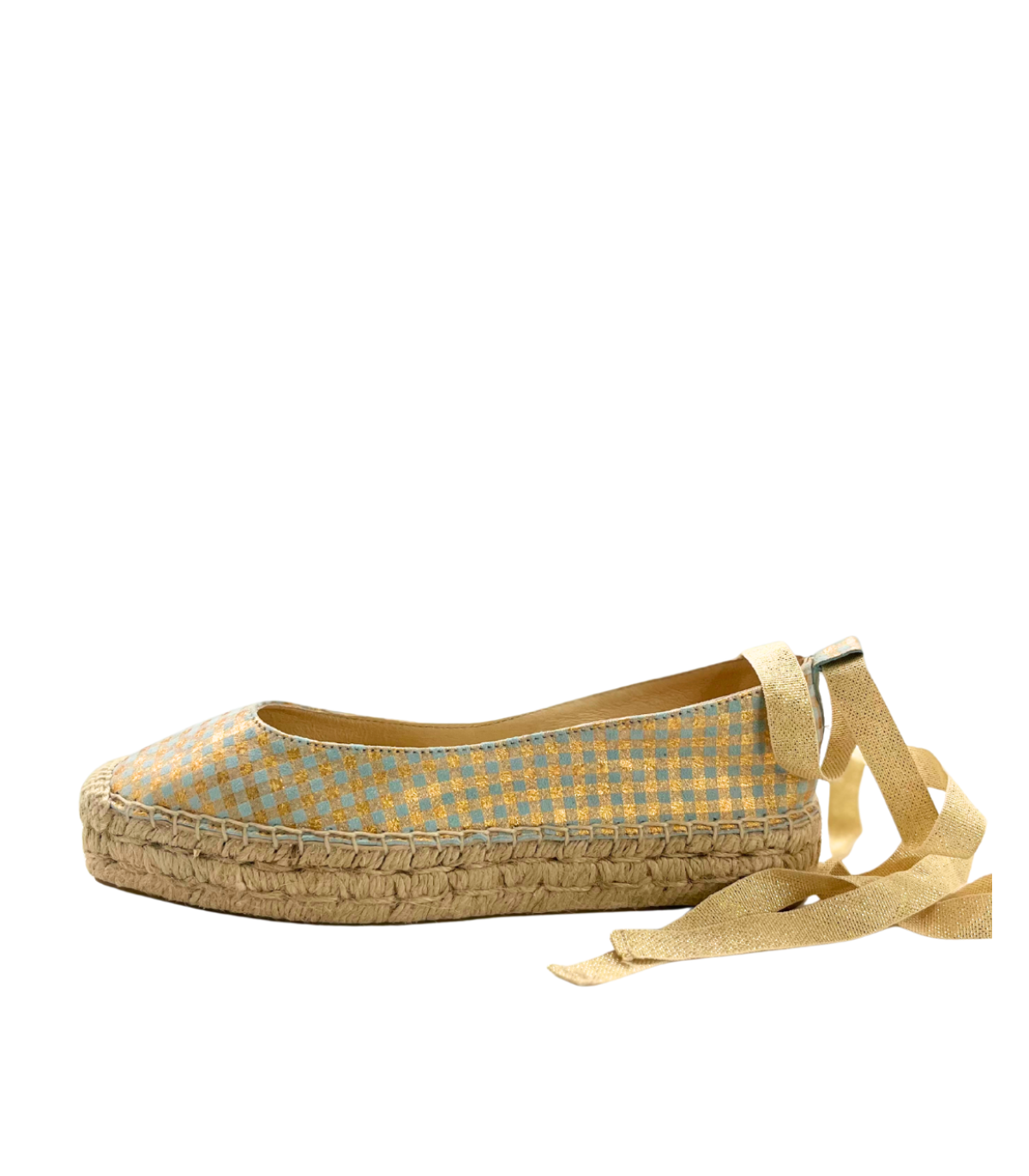 Vosso Moda Cuña baja en tejido dorado y vichy azul