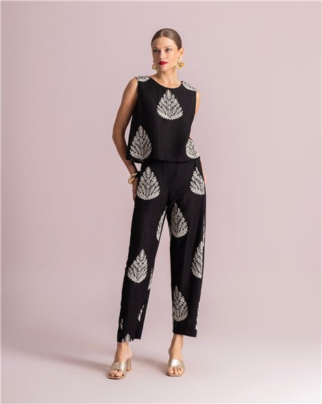Moutaki Pantalón de lino negro con bordados y lentejuelas