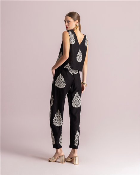 Moutaki Pantalón de lino negro con bordados y lentejuelas