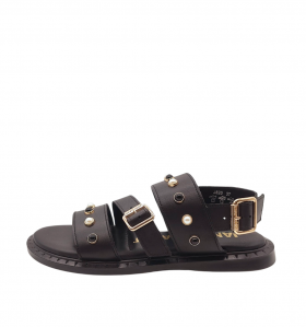 JanetandJanet Sandalia plana de piel negra con detalle perlas