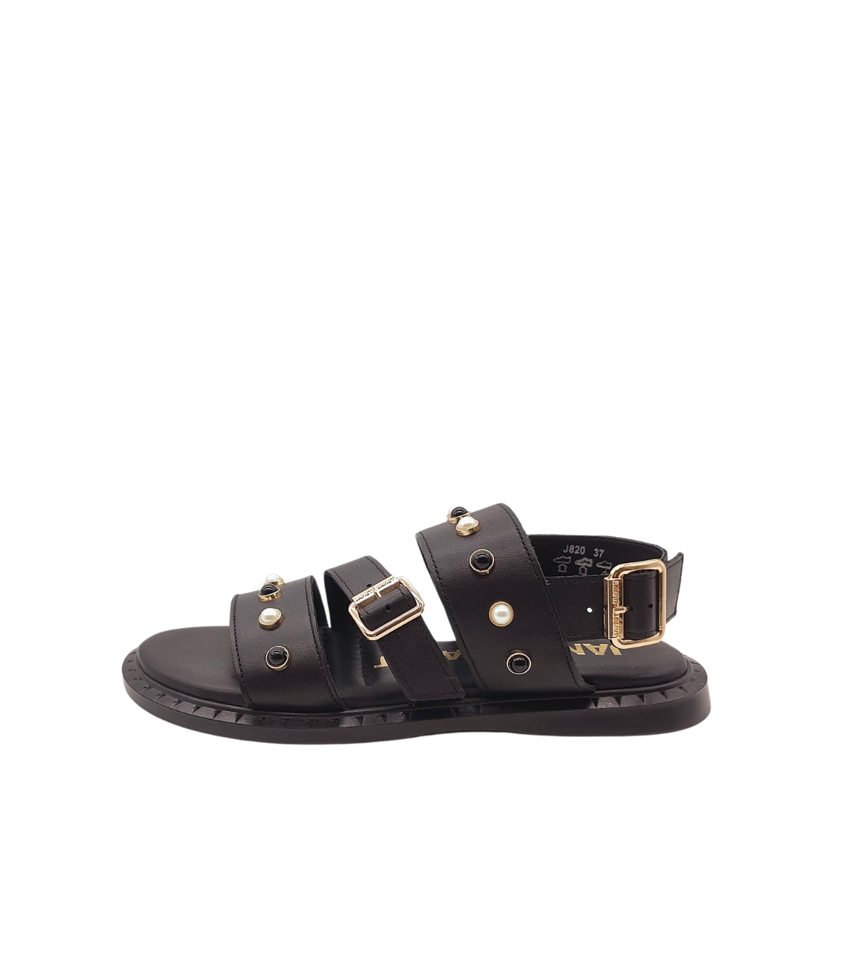 JanetandJanet Sandalia plana de piel negra con detalle perlas