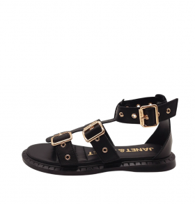 JanetandJanet Sandalia plana de piel negra con hebillas