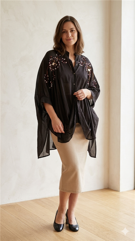 Dixie Camisa negra oversize con bordado de lentejuelas