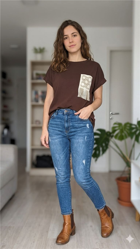 Markup Woman Camiseta marrón con bolsillo de flecos