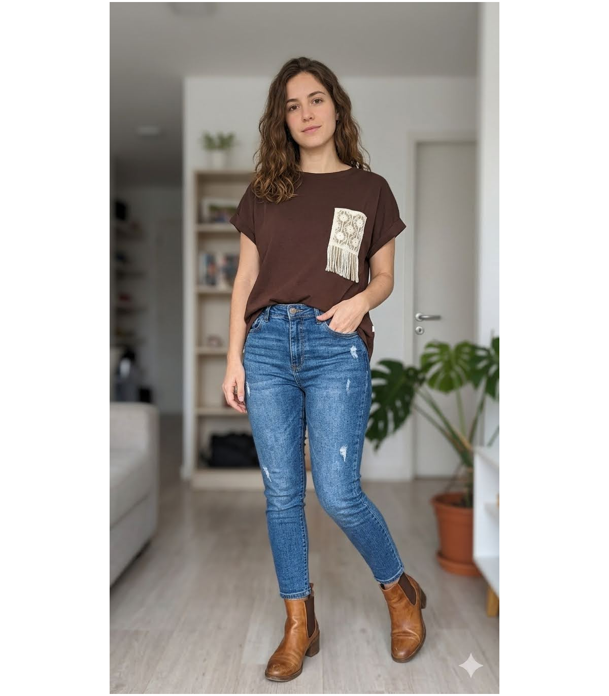 Markup Woman Camiseta marrón con bolsillo de flecos