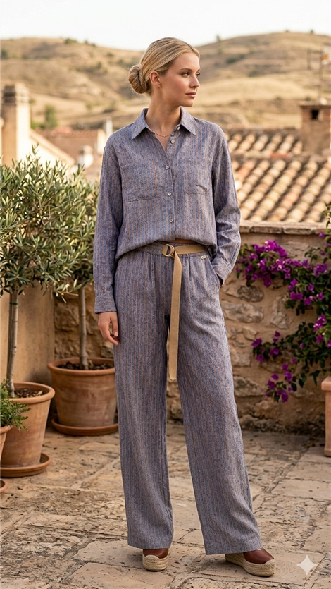 Markup Woman Pantalón palazzo azul jaspeado