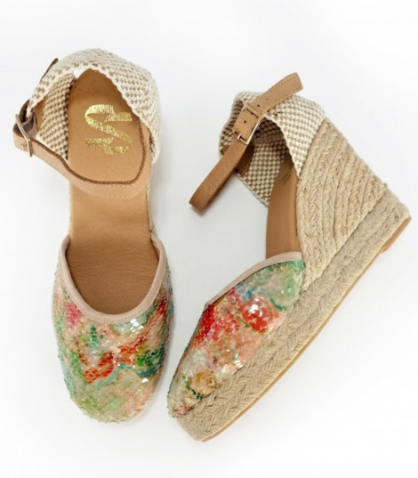 Vosso Moda Cuña con lentejuelas multicolor y ribete beige
