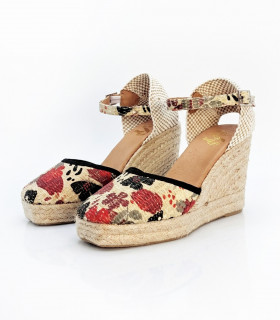 Vosso Moda Cuña de rafia con ribete negro y estampado flor