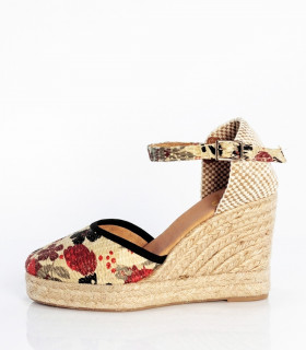 Vosso Moda Cuña de rafia con ribete negro y estampado flor