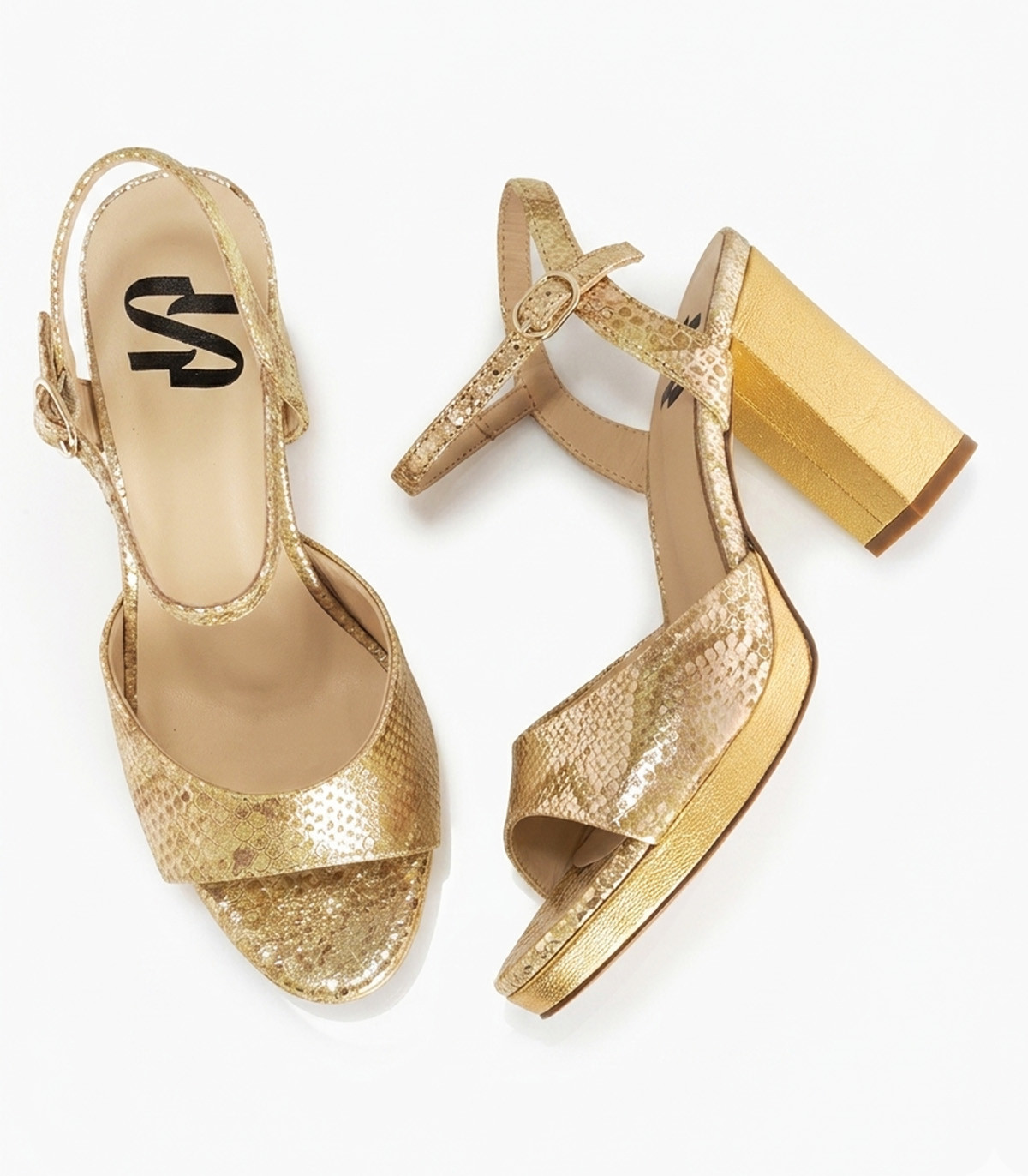 Vosso Moda Sandalias de tacón estampado serpiente dorado