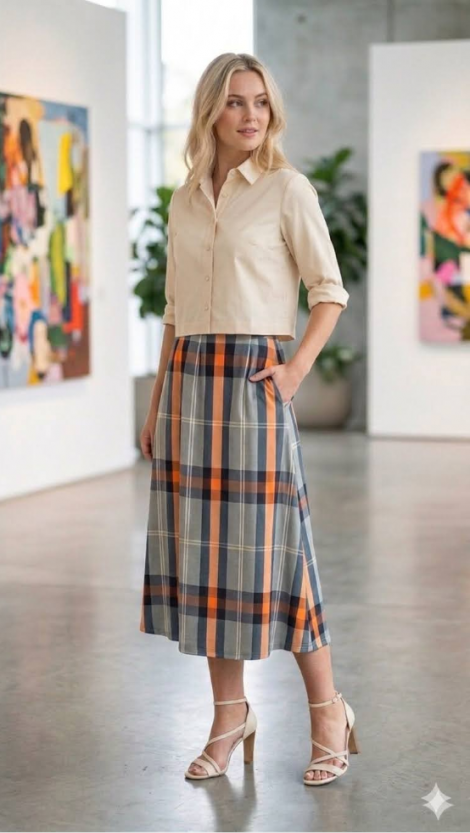 Parole Falda midi estampado cuadros naranja