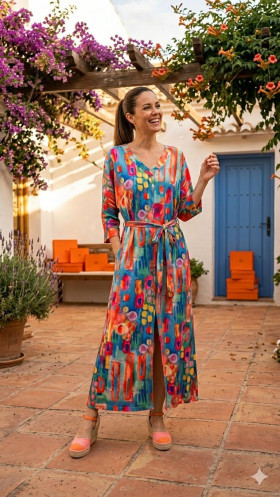 Malena Vestido largo estampado multicolor con lazada