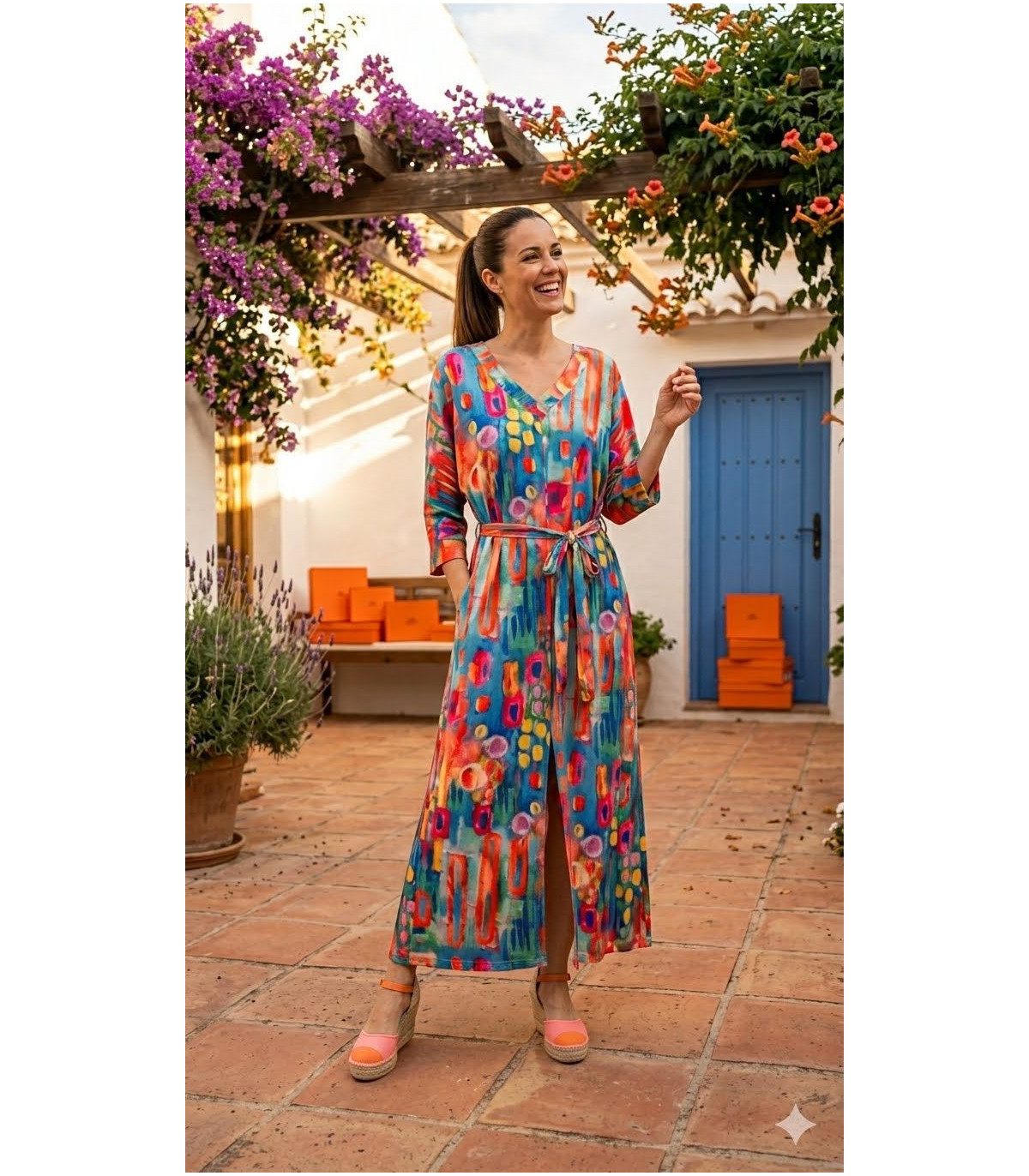 Malena Vestido largo estampado multicolor con lazada