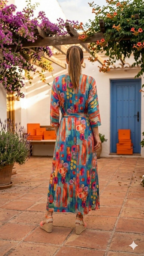 Malena Vestido largo estampado multicolor con lazada