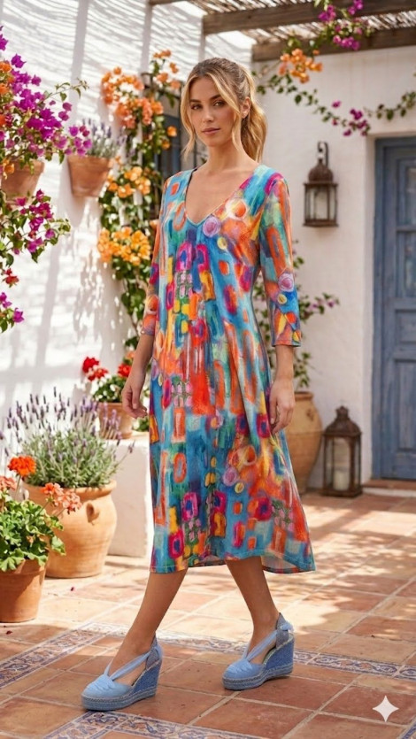 Malena Vestido midi estampado acuarela multicolor