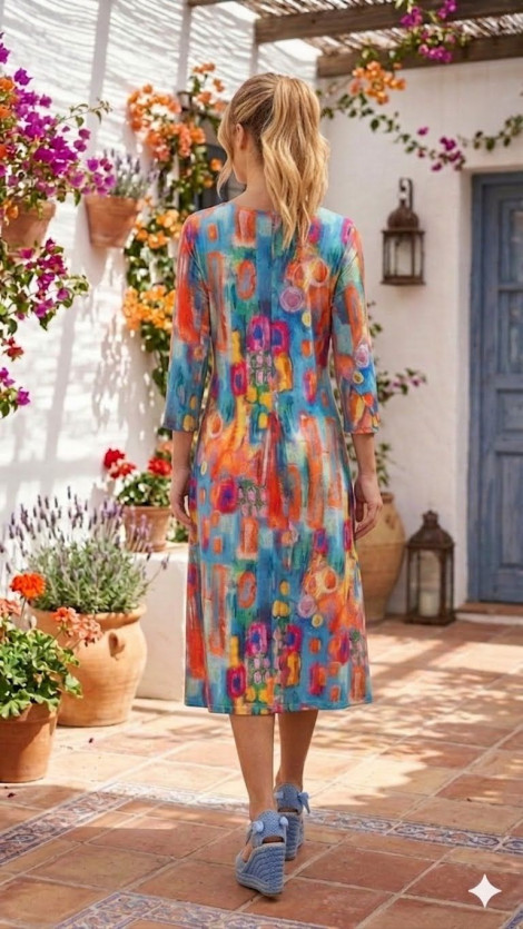 Malena Vestido midi estampado acuarela multicolor