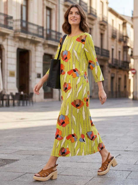 Parole Vestido Garden cuello caja pistacho estampado