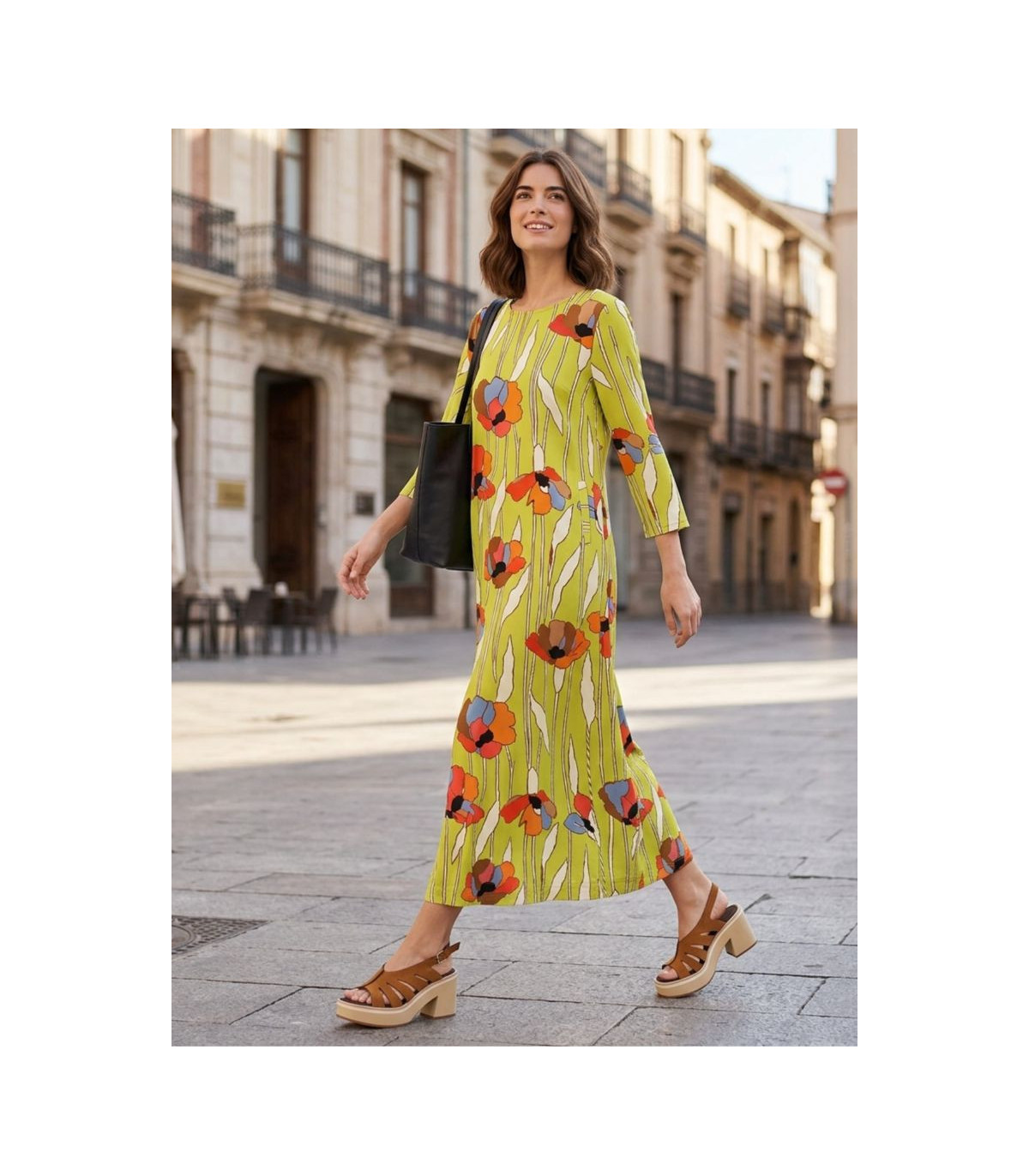 Parole Vestido Garden cuello caja pistacho estampado