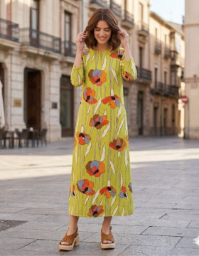 Parole Vestido Garden cuello caja pistacho estampado