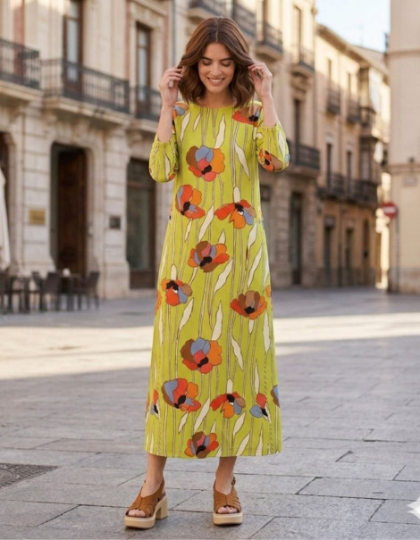 Parole Vestido Garden cuello caja pistacho estampado