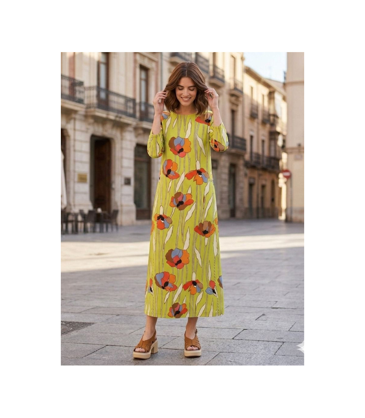 Parole Vestido Garden cuello caja pistacho estampado